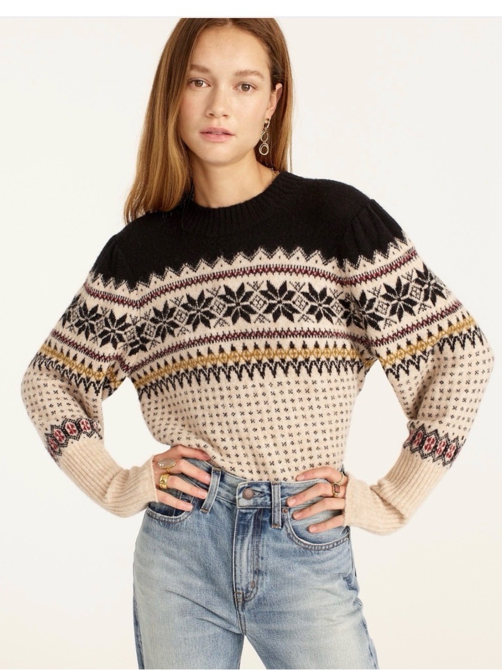 Jcrew Fair Isle Puff-Sleeve Crewneck Sweater in Supersoft Yarn - XS π€π©Άπ€π€